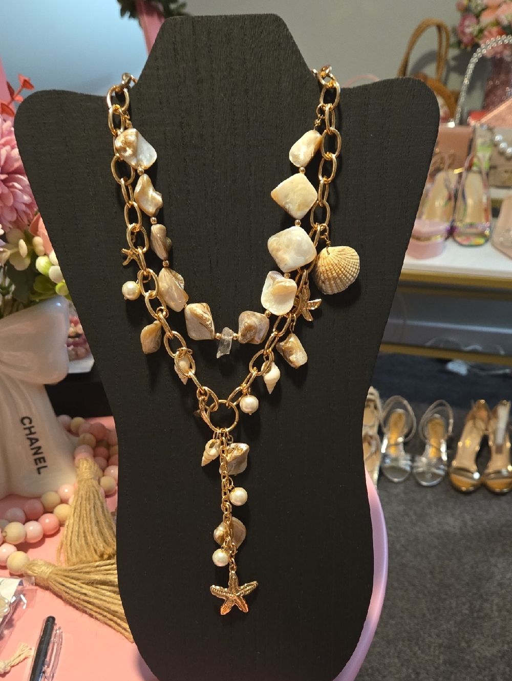 Gold Shell & Pearl Lariat Necklace with Starfish Charm